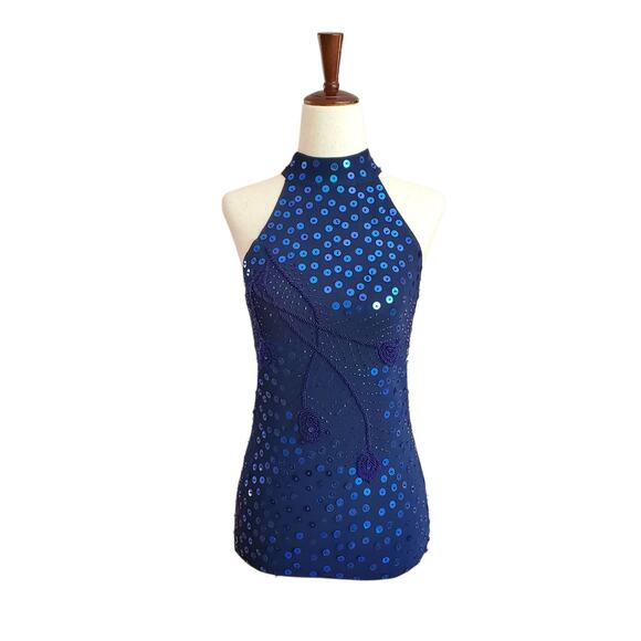 Beaded Sequin Blue High Neck Sleeveless Top - Small - Picture 1 of 7